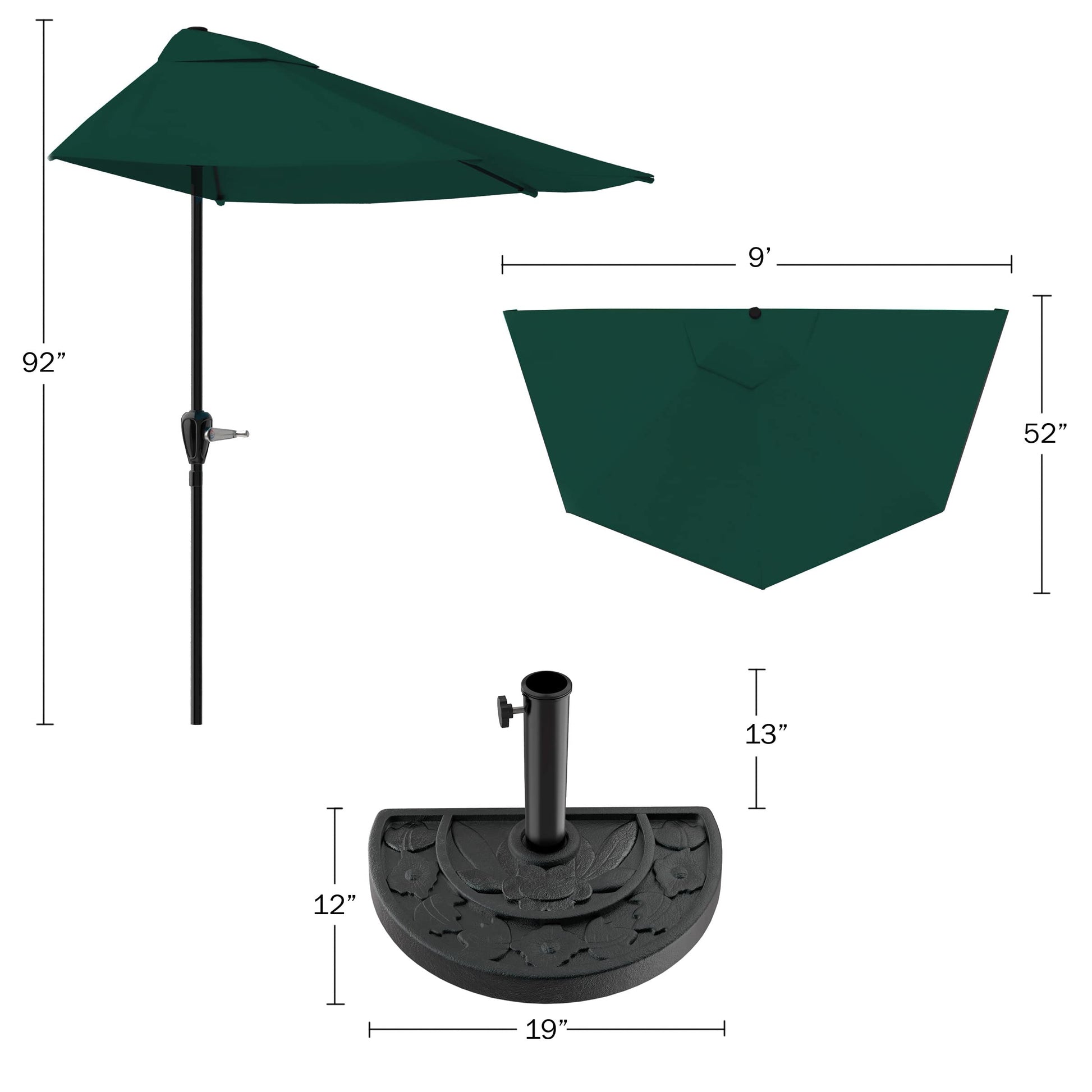 Half Umbrella Outdoor Patio Shade - 9 ft Half Patio Umbrella with Easy Crank - Small Canopy for Balcony, Table, or Deck by Pure Garden (Hunter Green) - CookCave