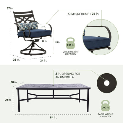 Hanover Montclair 11-Piece Patio Dining Set with 10 Swivel Rocker Chairs, Accent Lumbar Pillows and 84"x60" Steel Stamped Rectangular Table, Large Outdoor Patio Dining Set for 10, Navy Blue - CookCave