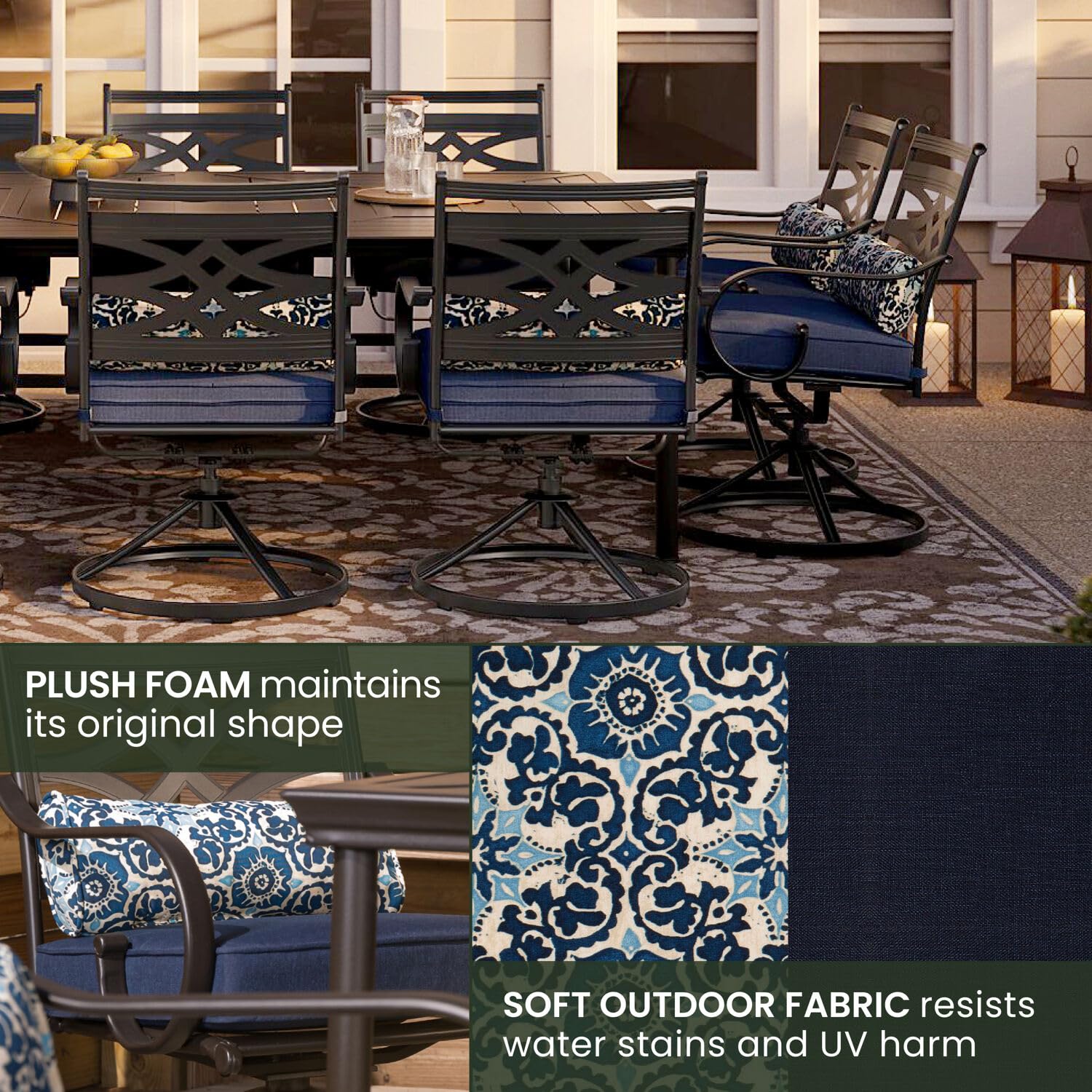 Hanover Montclair 11-Piece Patio Dining Set with 10 Swivel Rocker Chairs, Accent Lumbar Pillows and 84"x60" Steel Stamped Rectangular Table, Large Outdoor Patio Dining Set for 10, Navy Blue - CookCave