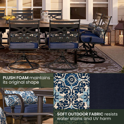 Hanover Montclair 11-Piece Patio Dining Set with 10 Swivel Rocker Chairs, Accent Lumbar Pillows and 84"x60" Steel Stamped Rectangular Table, Large Outdoor Patio Dining Set for 10, Navy Blue - CookCave