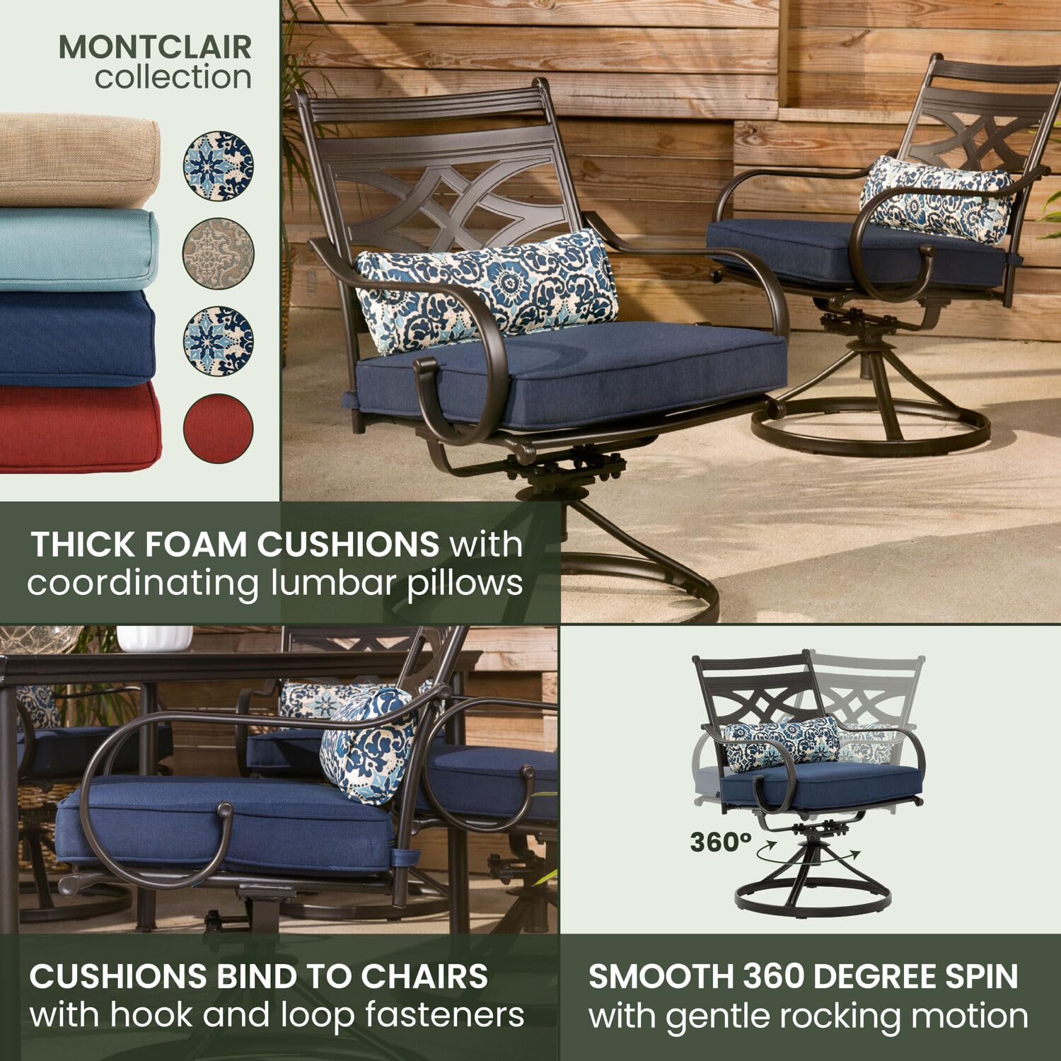 Hanover Montclair 11-Piece Patio Dining Set with 10 Swivel Rocker Chairs, Accent Lumbar Pillows and 84"x60" Steel Stamped Rectangular Table, Large Outdoor Patio Dining Set for 10, Navy Blue - CookCave