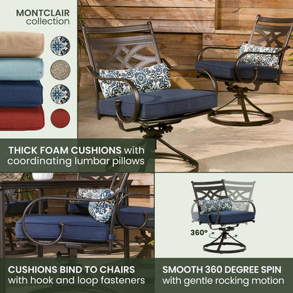 Hanover Montclair 11-Piece Patio Dining Set with 10 Swivel Rocker Chairs, Accent Lumbar Pillows and 84"x60" Steel Stamped Rectangular Table, Large Outdoor Patio Dining Set for 10, Navy Blue - CookCave