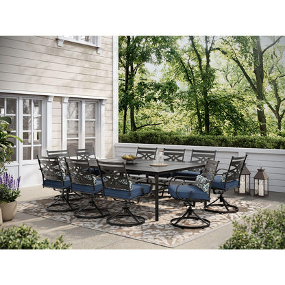 Hanover Montclair 11-Piece Patio Dining Set with 10 Swivel Rocker Chairs, Accent Lumbar Pillows and 84"x60" Steel Stamped Rectangular Table, Large Outdoor Patio Dining Set for 10, Navy Blue - CookCave