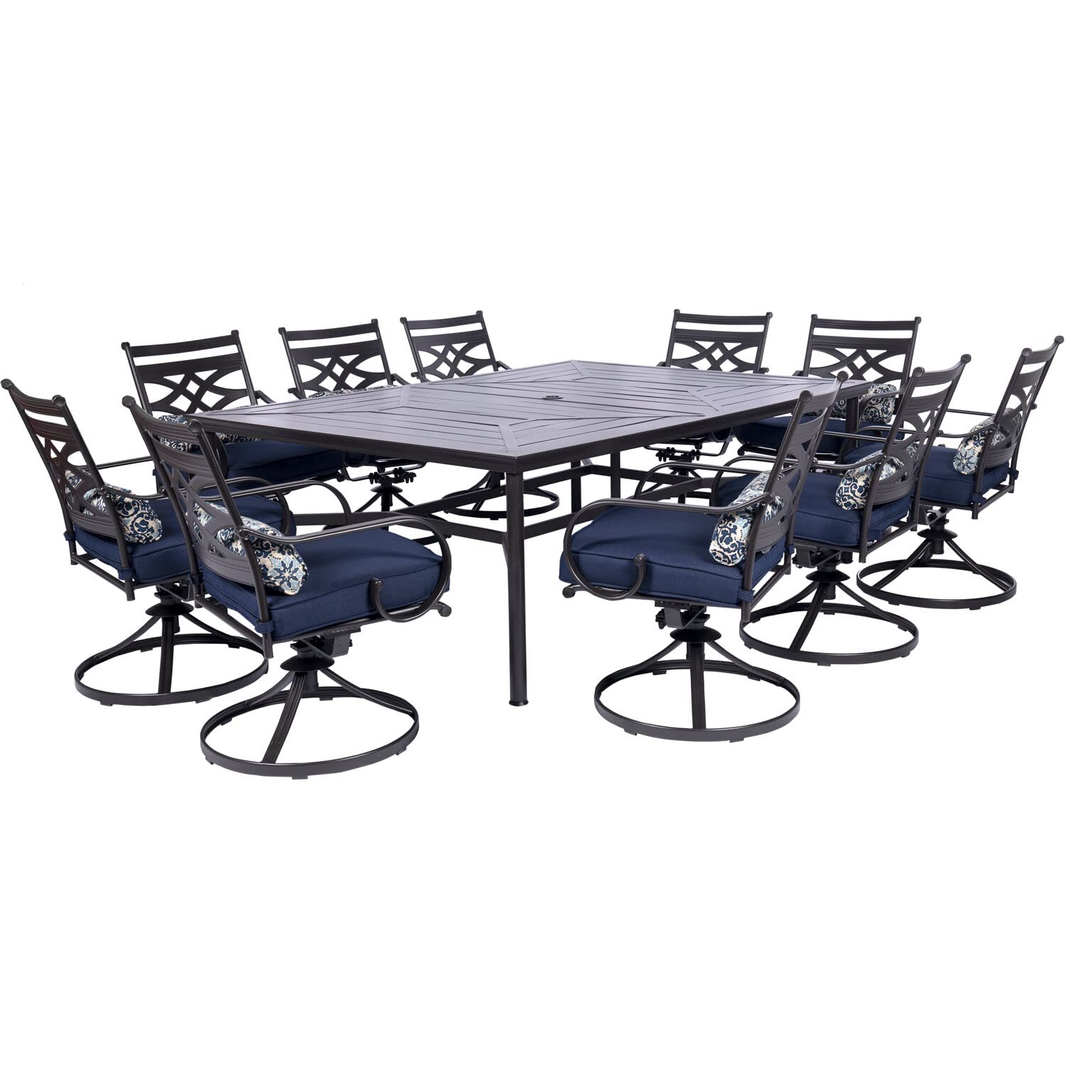 Hanover Montclair 11-Piece Patio Dining Set with 10 Swivel Rocker Chairs, Accent Lumbar Pillows and 84"x60" Steel Stamped Rectangular Table, Large Outdoor Patio Dining Set for 10, Navy Blue - CookCave
