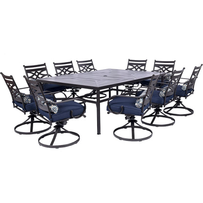 Hanover Montclair 11-Piece Patio Dining Set with 10 Swivel Rocker Chairs, Accent Lumbar Pillows and 84"x60" Steel Stamped Rectangular Table, Large Outdoor Patio Dining Set for 10, Navy Blue - CookCave