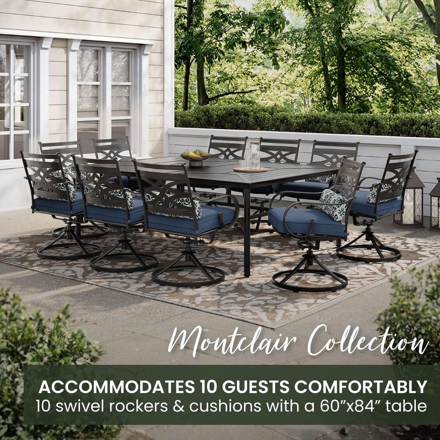 Hanover Montclair 11-Piece Patio Dining Set with 10 Swivel Rocker Chairs, Accent Lumbar Pillows and 84"x60" Steel Stamped Rectangular Table, Large Outdoor Patio Dining Set for 10, Navy Blue - CookCave