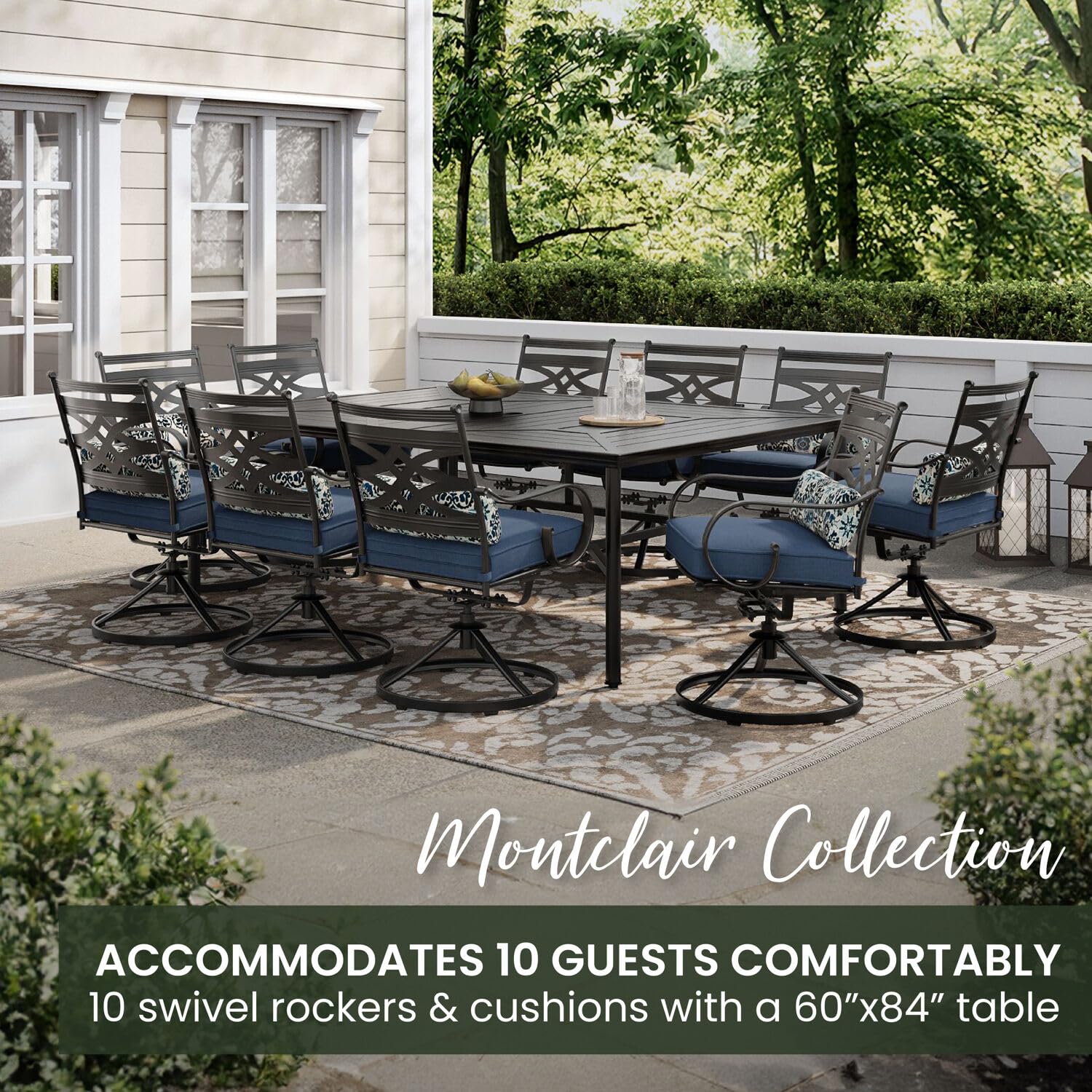 Hanover Montclair 11-Piece Patio Dining Set with 10 Swivel Rocker Chairs, Accent Lumbar Pillows and 84"x60" Steel Stamped Rectangular Table, Large Outdoor Patio Dining Set for 10, Navy Blue - CookCave