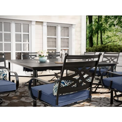 Hanover Montclair 11-Piece Patio Dining Set with 10 Swivel Rocker Chairs, Accent Lumbar Pillows and 84"x60" Steel Stamped Rectangular Table, Large Outdoor Patio Dining Set for 10, Navy Blue - CookCave