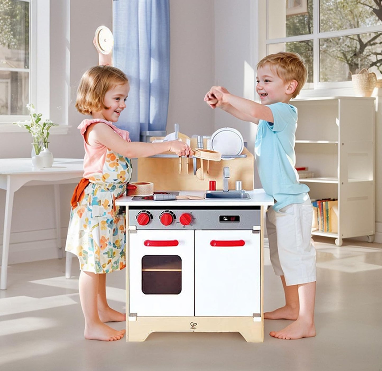 Hape Gourmet Kitchen Toy Fully Equipped Wooden Pretend Play Kitchen Set with Sink, Stove, Baking Oven, Cabinet, Turnable Knobs & Spice Shelf, White - CookCave
