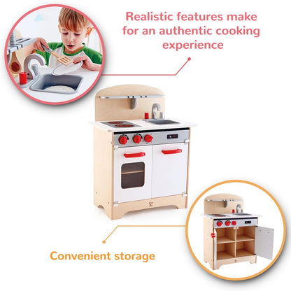 Hape Gourmet Kitchen Toy Fully Equipped Wooden Pretend Play Kitchen Set with Sink, Stove, Baking Oven, Cabinet, Turnable Knobs & Spice Shelf, White - CookCave