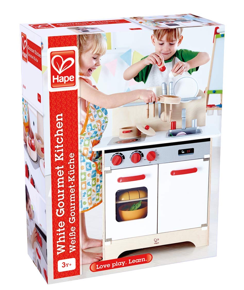 Hape Gourmet Kitchen Toy Fully Equipped Wooden Pretend Play Kitchen Set with Sink, Stove, Baking Oven, Cabinet, Turnable Knobs & Spice Shelf, White - CookCave