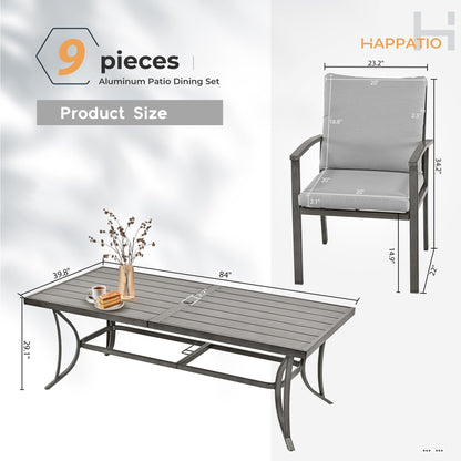 HAPPATIO 9-Piece Patio Dining Set - All Aluminum Table and Chairs for 8, Includes Rectangular Table and 8 Chairs with Cushions, Lawn, Garden - CookCave