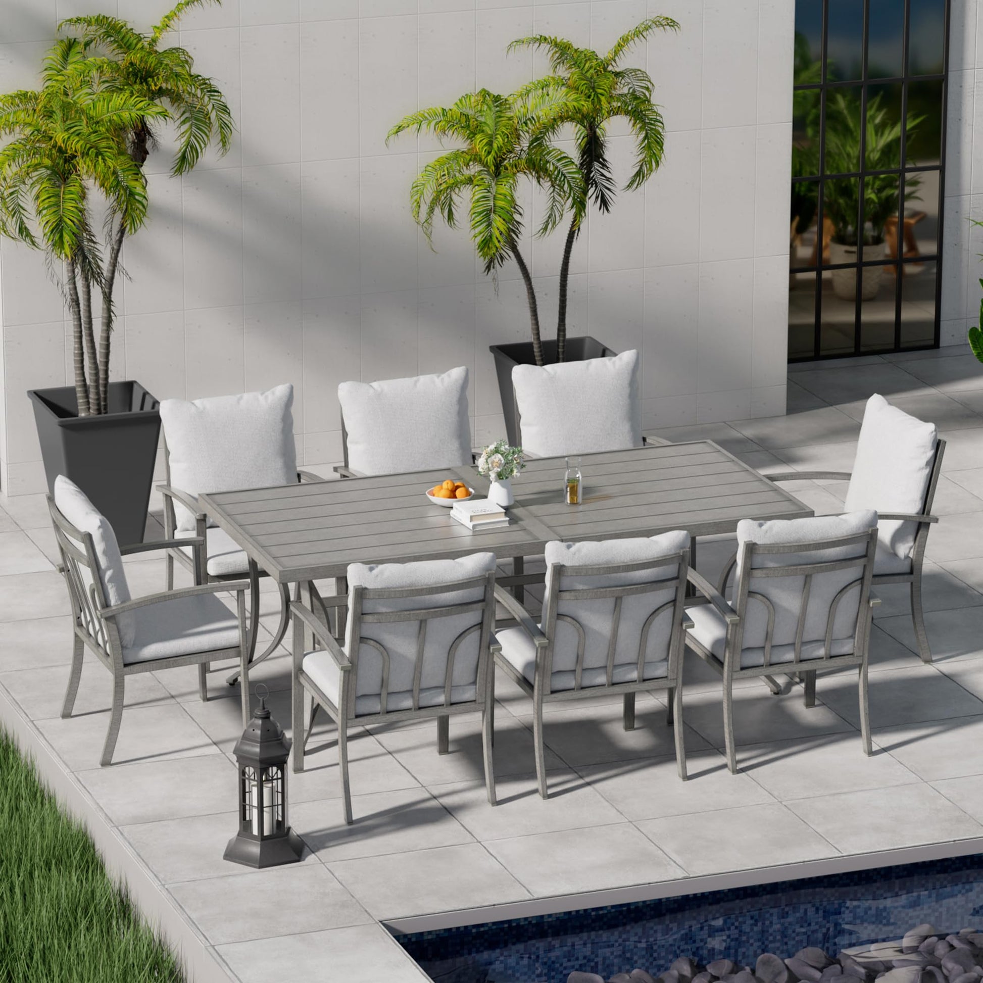 HAPPATIO 9-Piece Patio Dining Set - All Aluminum Table and Chairs for 8, Includes Rectangular Table and 8 Chairs with Cushions, Lawn, Garden - CookCave