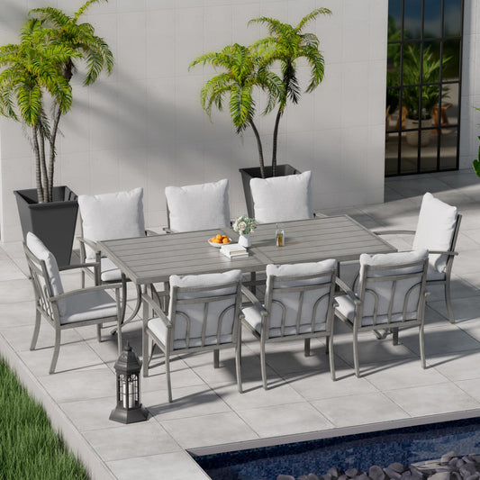 HAPPATIO 9-Piece Patio Dining Set - All Aluminum Table and Chairs for 8, Includes Rectangular Table and 8 Chairs with Cushions, Lawn, Garden - CookCave