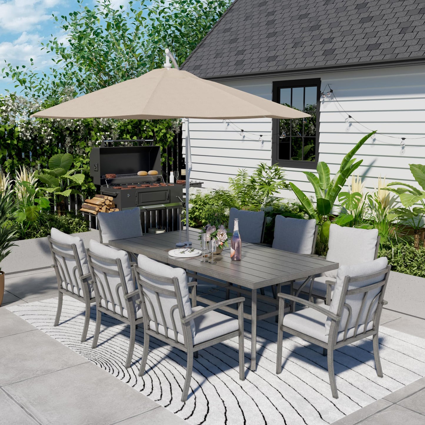 HAPPATIO 9-Piece Patio Dining Set - All Aluminum Table and Chairs for 8, Includes Rectangular Table and 8 Chairs with Cushions, Lawn, Garden - CookCave