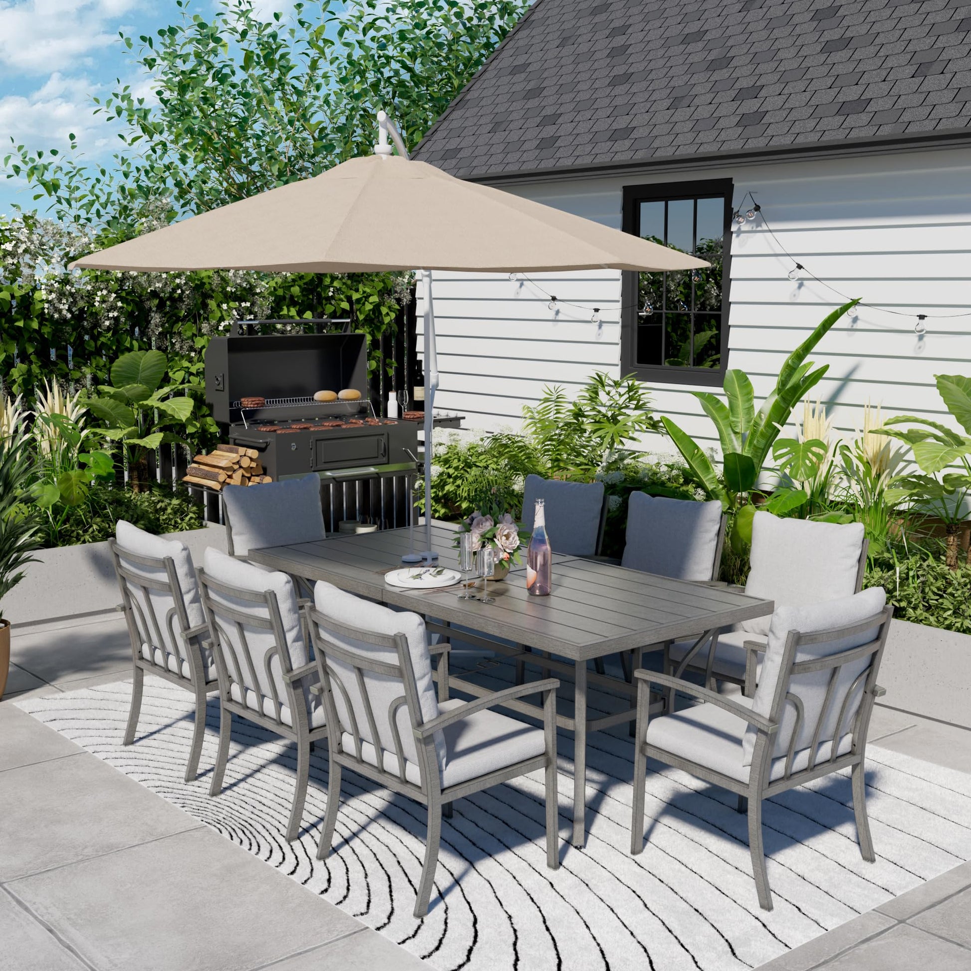 HAPPATIO 9-Piece Patio Dining Set - All Aluminum Table and Chairs for 8, Includes Rectangular Table and 8 Chairs with Cushions, Lawn, Garden - CookCave