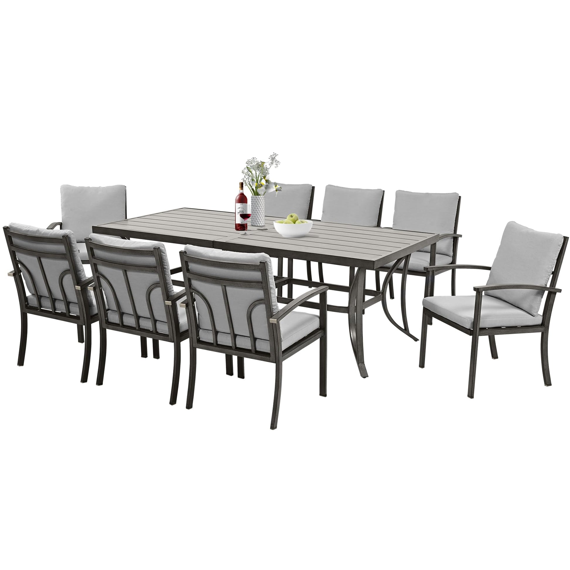 HAPPATIO 9-Piece Patio Dining Set - All Aluminum Table and Chairs for 8, Includes Rectangular Table and 8 Chairs with Cushions, Lawn, Garden - CookCave