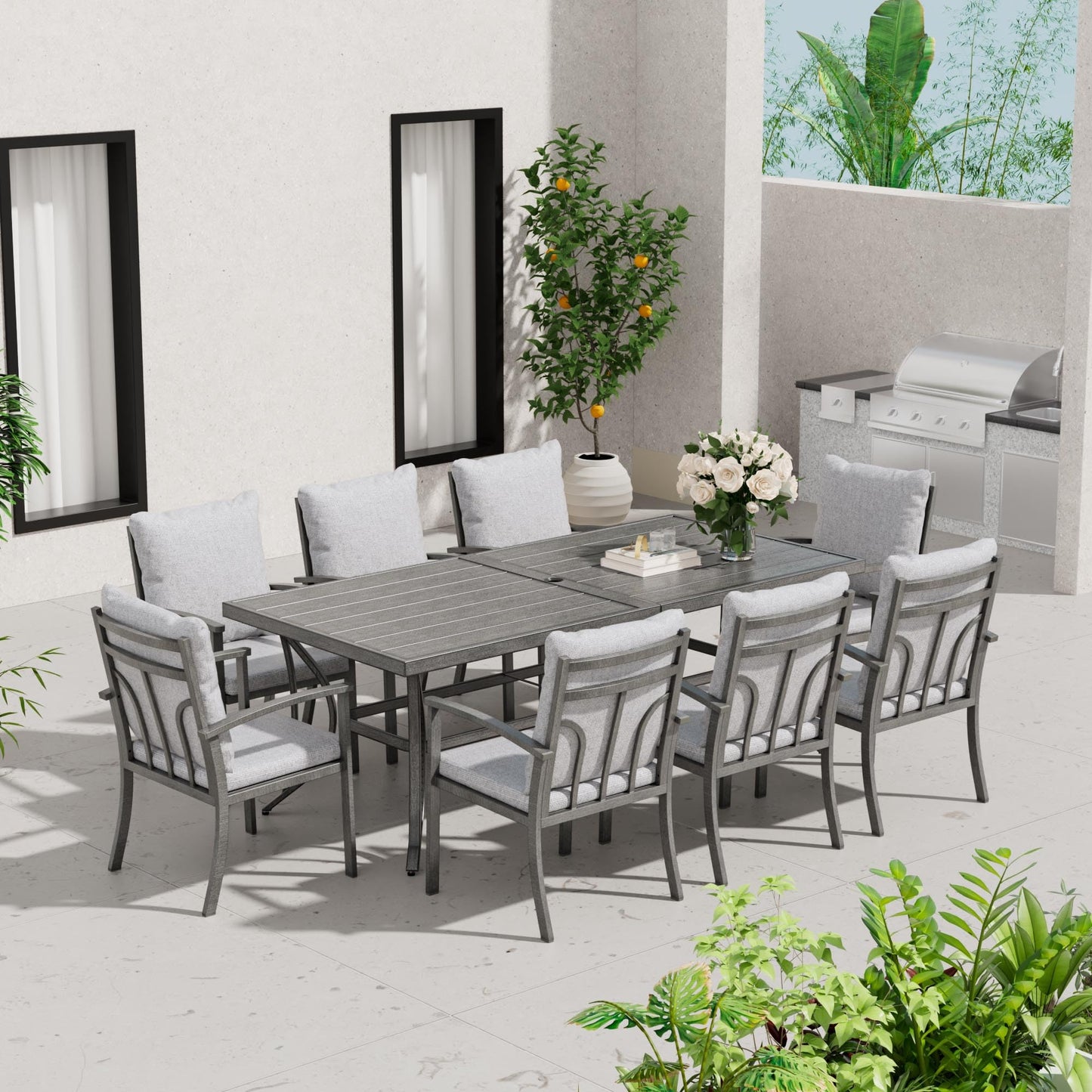 HAPPATIO 9-Piece Patio Dining Set - All Aluminum Table and Chairs for 8, Includes Rectangular Table and 8 Chairs with Cushions, Lawn, Garden - CookCave