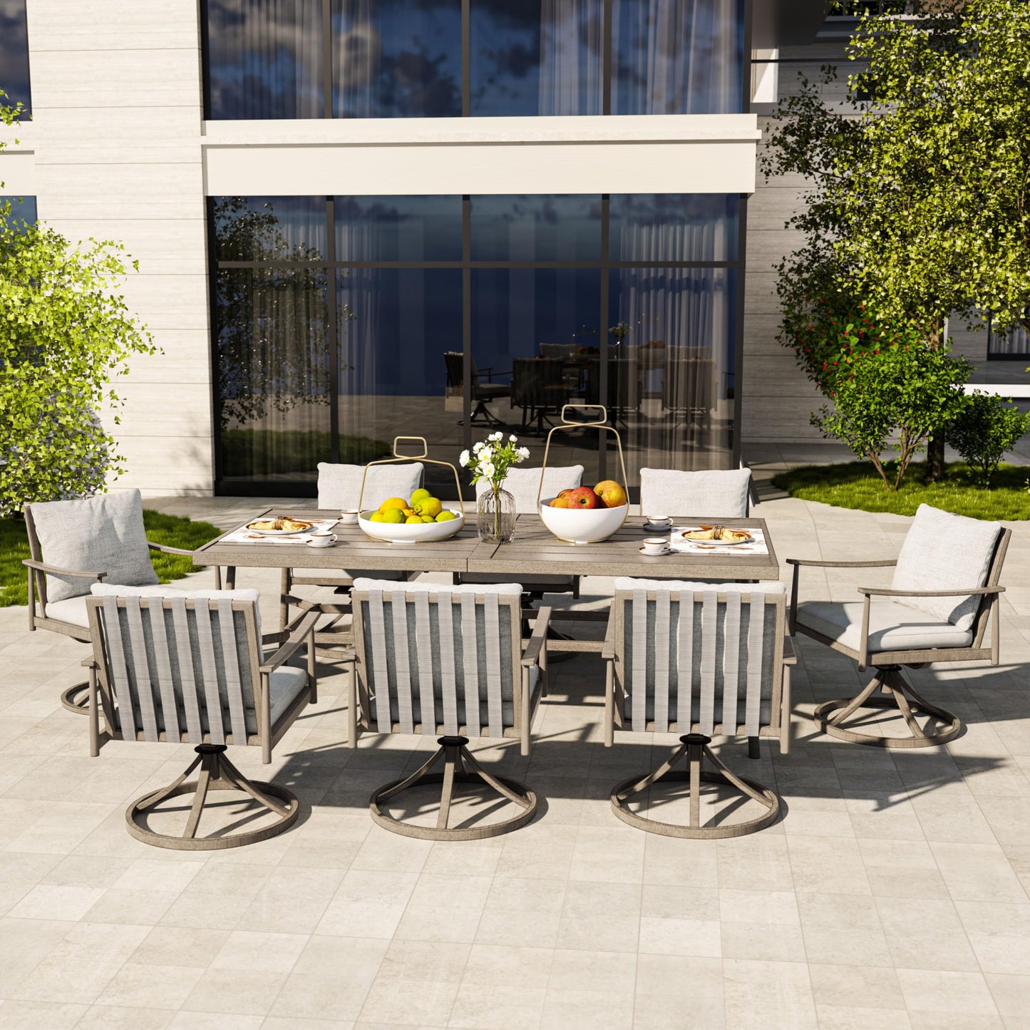 HAPPATIO 9-Piece Patio Table and Chairs Set for 8, Aluminum Outdoor Dining Set with Cushions, 8 Swivel Dining Chairs, 1 Large Rectangular Table with Umbrella Hole for Lawn, Porch, Backyard, Grey - CookCave