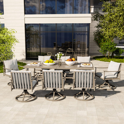 HAPPATIO 9-Piece Patio Table and Chairs Set for 8, Aluminum Outdoor Dining Set with Cushions, 8 Swivel Dining Chairs, 1 Large Rectangular Table with Umbrella Hole for Lawn, Porch, Backyard, Grey - CookCave