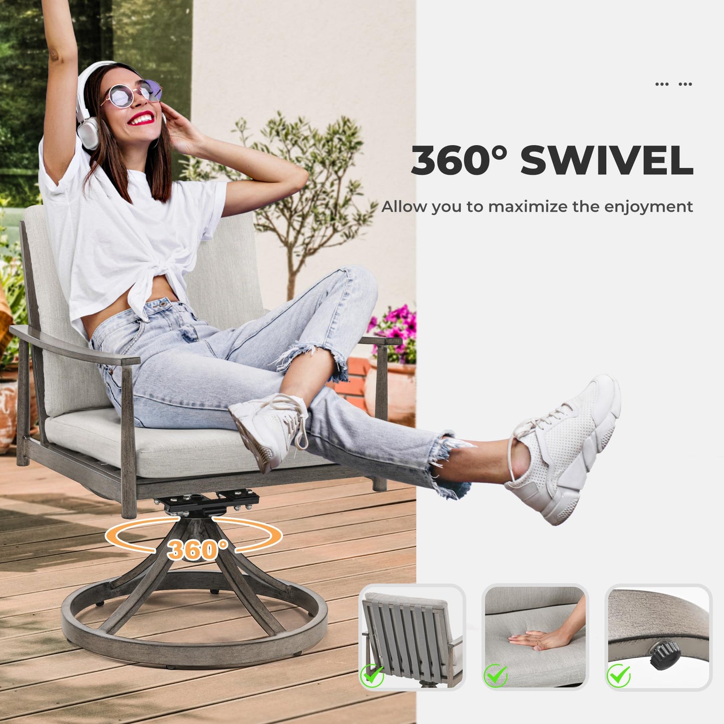 HAPPATIO 9-Piece Patio Table and Chairs Set for 8, Aluminum Outdoor Dining Set with Cushions, 8 Swivel Dining Chairs, 1 Large Rectangular Table with Umbrella Hole for Lawn, Porch, Backyard, Grey - CookCave