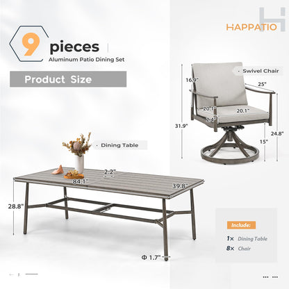 HAPPATIO 9-Piece Patio Table and Chairs Set for 8, Aluminum Outdoor Dining Set with Cushions, 8 Swivel Dining Chairs, 1 Large Rectangular Table with Umbrella Hole for Lawn, Porch, Backyard, Grey - CookCave