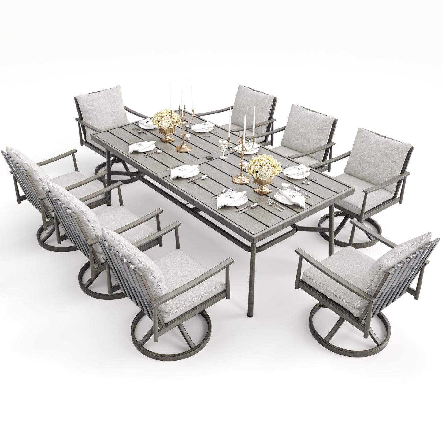 HAPPATIO 9-Piece Patio Table and Chairs Set for 8, Aluminum Outdoor Dining Set with Cushions, 8 Swivel Dining Chairs, 1 Large Rectangular Table with Umbrella Hole for Lawn, Porch, Backyard, Grey - CookCave