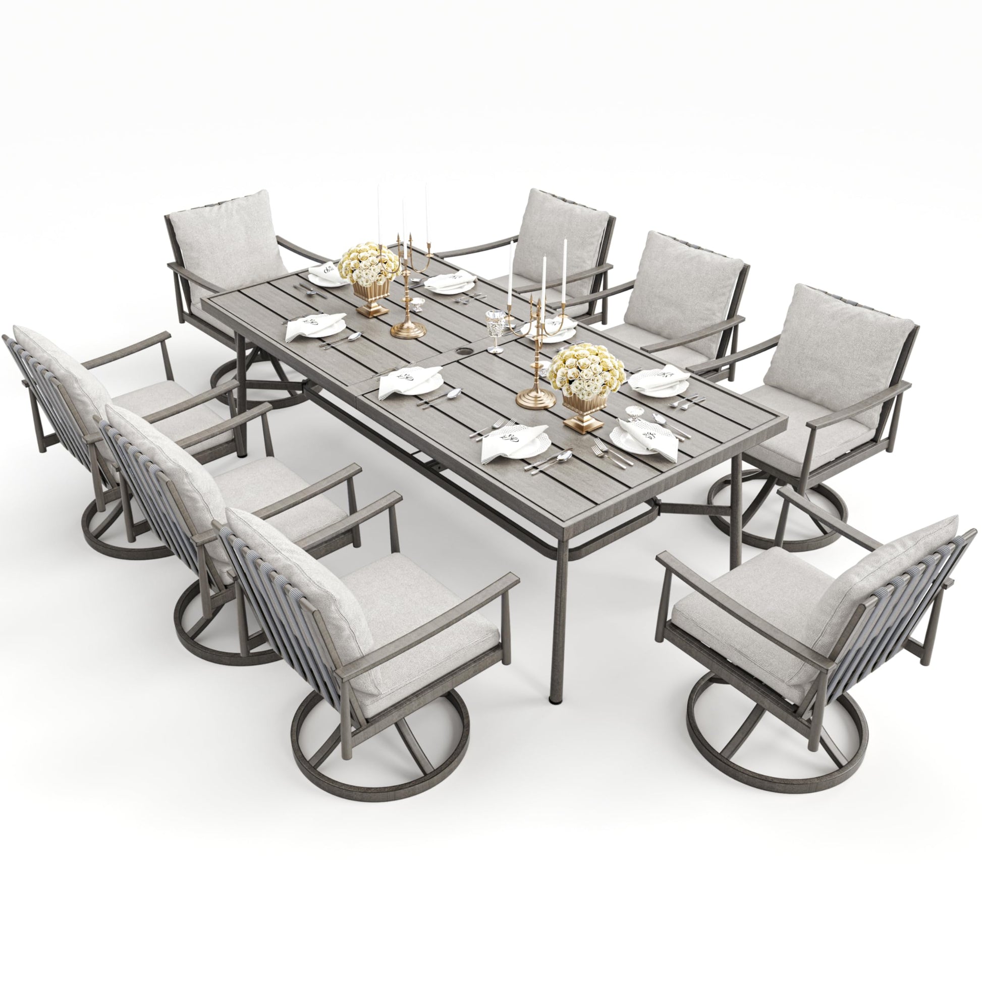 HAPPATIO 9-Piece Patio Table and Chairs Set for 8, Aluminum Outdoor Dining Set with Cushions, 8 Swivel Dining Chairs, 1 Large Rectangular Table with Umbrella Hole for Lawn, Porch, Backyard, Grey - CookCave