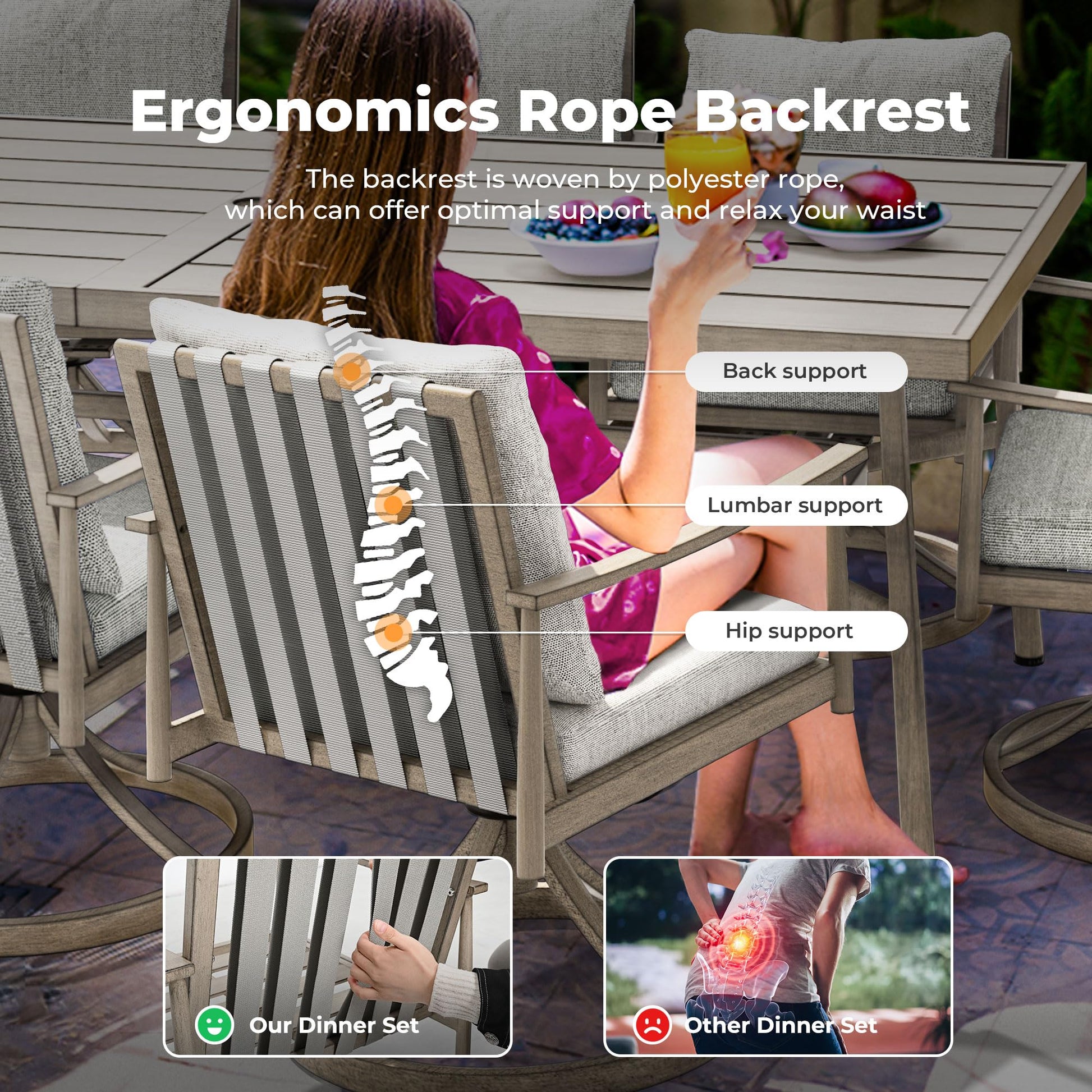 HAPPATIO 9-Piece Patio Table and Chairs Set for 8, Aluminum Outdoor Dining Set with Cushions, 8 Swivel Dining Chairs, 1 Large Rectangular Table with Umbrella Hole for Lawn, Porch, Backyard, Grey - CookCave