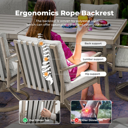 HAPPATIO 9-Piece Patio Table and Chairs Set for 8, Aluminum Outdoor Dining Set with Cushions, 8 Swivel Dining Chairs, 1 Large Rectangular Table with Umbrella Hole for Lawn, Porch, Backyard, Grey - CookCave