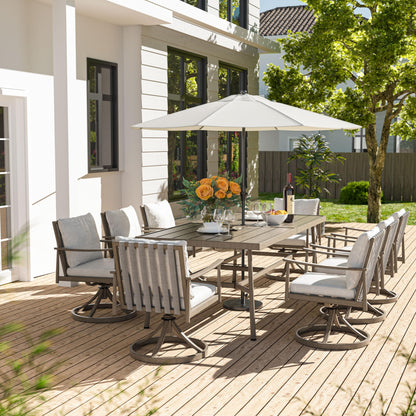 HAPPATIO 9-Piece Patio Table and Chairs Set for 8, Aluminum Outdoor Dining Set with Cushions, 8 Swivel Dining Chairs, 1 Large Rectangular Table with Umbrella Hole for Lawn, Porch, Backyard, Grey - CookCave