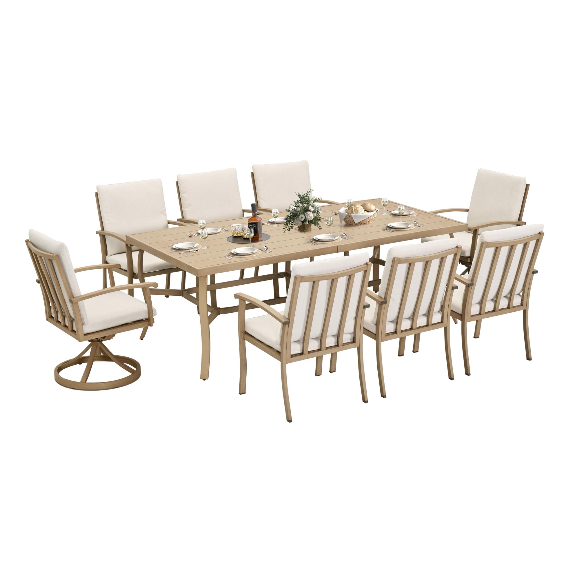 HAPPATIO Aluminum 9 Piece Patio Dining Sets, Outdoor Dining Set for 8, Patio Furniture Sets, 2 Swivel Dining Chairs, 6 Dining Chairs, Aluminum Furniture Set for Patio, Yard (Beige) - CookCave