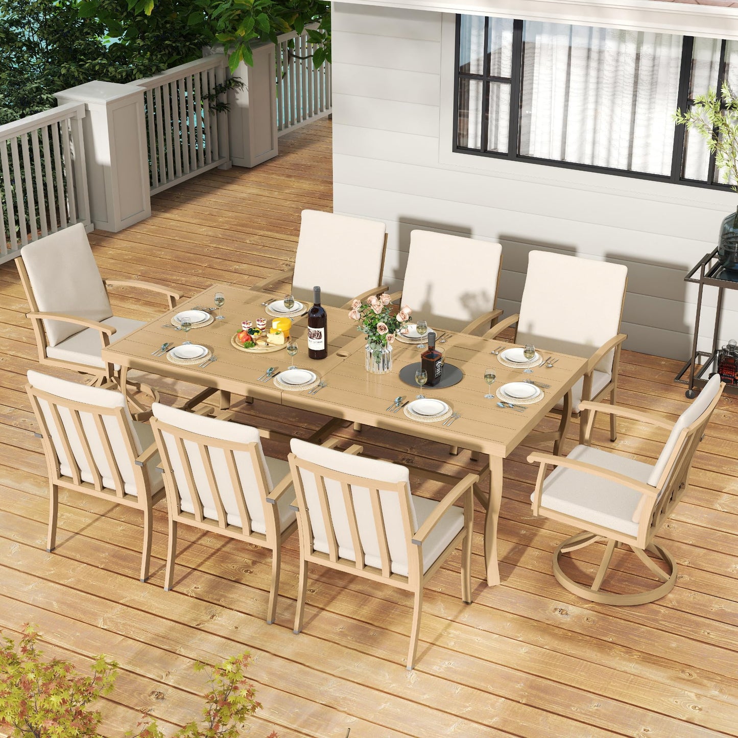 HAPPATIO Aluminum 9 Piece Patio Dining Sets, Outdoor Dining Set for 8, Patio Furniture Sets, 2 Swivel Dining Chairs, 6 Dining Chairs, Aluminum Furniture Set for Patio, Yard (Beige) - CookCave