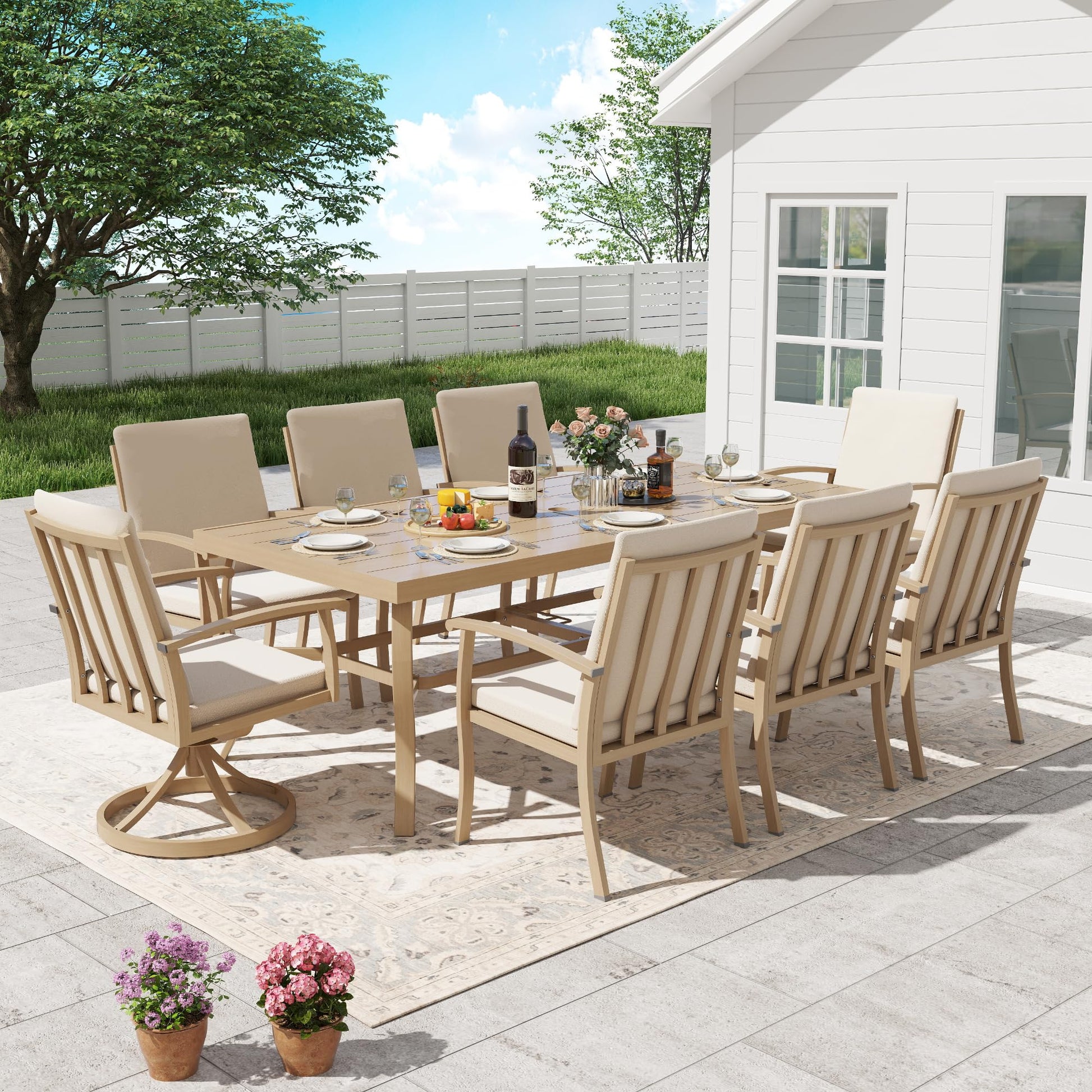 HAPPATIO Aluminum 9 Piece Patio Dining Sets, Outdoor Dining Set for 8, Patio Furniture Sets, 2 Swivel Dining Chairs, 6 Dining Chairs, Aluminum Furniture Set for Patio, Yard (Beige) - CookCave
