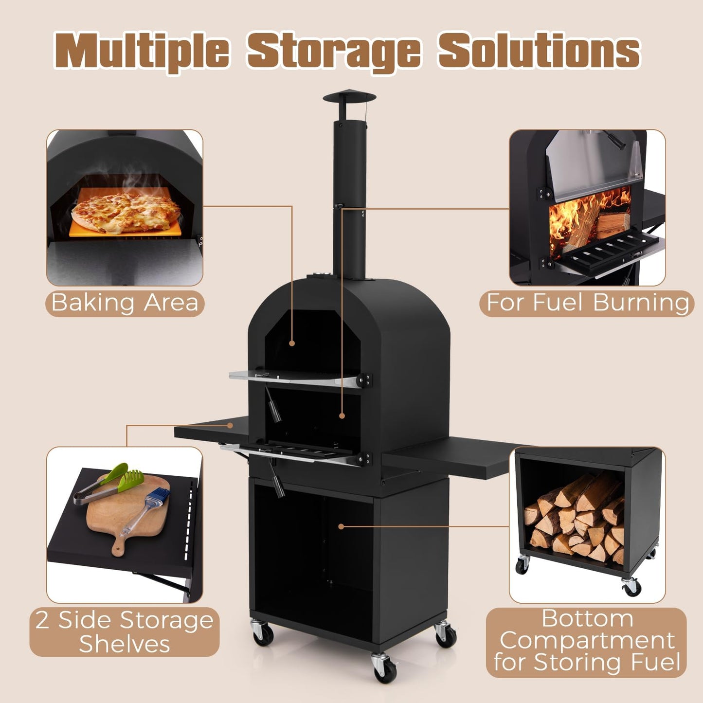 HAPPYGRILL Outdoor Wood Fired Pizza Oven with Firewood Storage, Side Shelves, Patio Pizza Maker with Pizza Stone, Pizza Peel, 2 Cooking Grills & Thermometer, Portable Pizza Stove with Wheels - CookCave