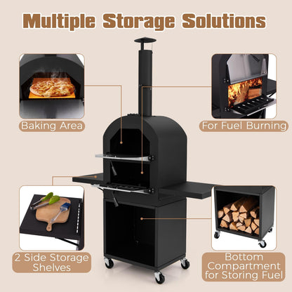 HAPPYGRILL Outdoor Wood Fired Pizza Oven with Firewood Storage, Side Shelves, Patio Pizza Maker with Pizza Stone, Pizza Peel, 2 Cooking Grills & Thermometer, Portable Pizza Stove with Wheels - CookCave