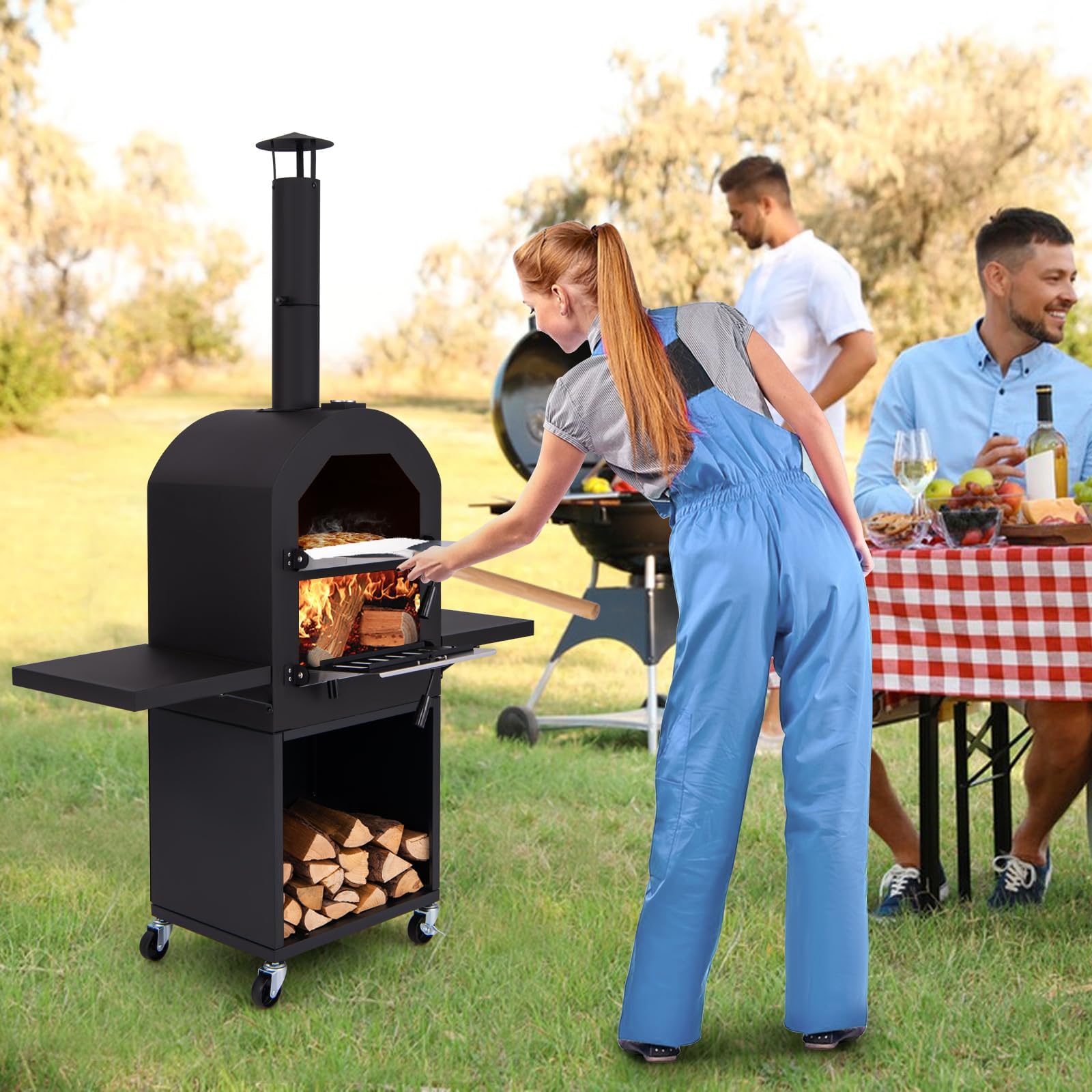 HAPPYGRILL Outdoor Wood Fired Pizza Oven with Firewood Storage, Side Shelves, Patio Pizza Maker with Pizza Stone, Pizza Peel, 2 Cooking Grills & Thermometer, Portable Pizza Stove with Wheels - CookCave