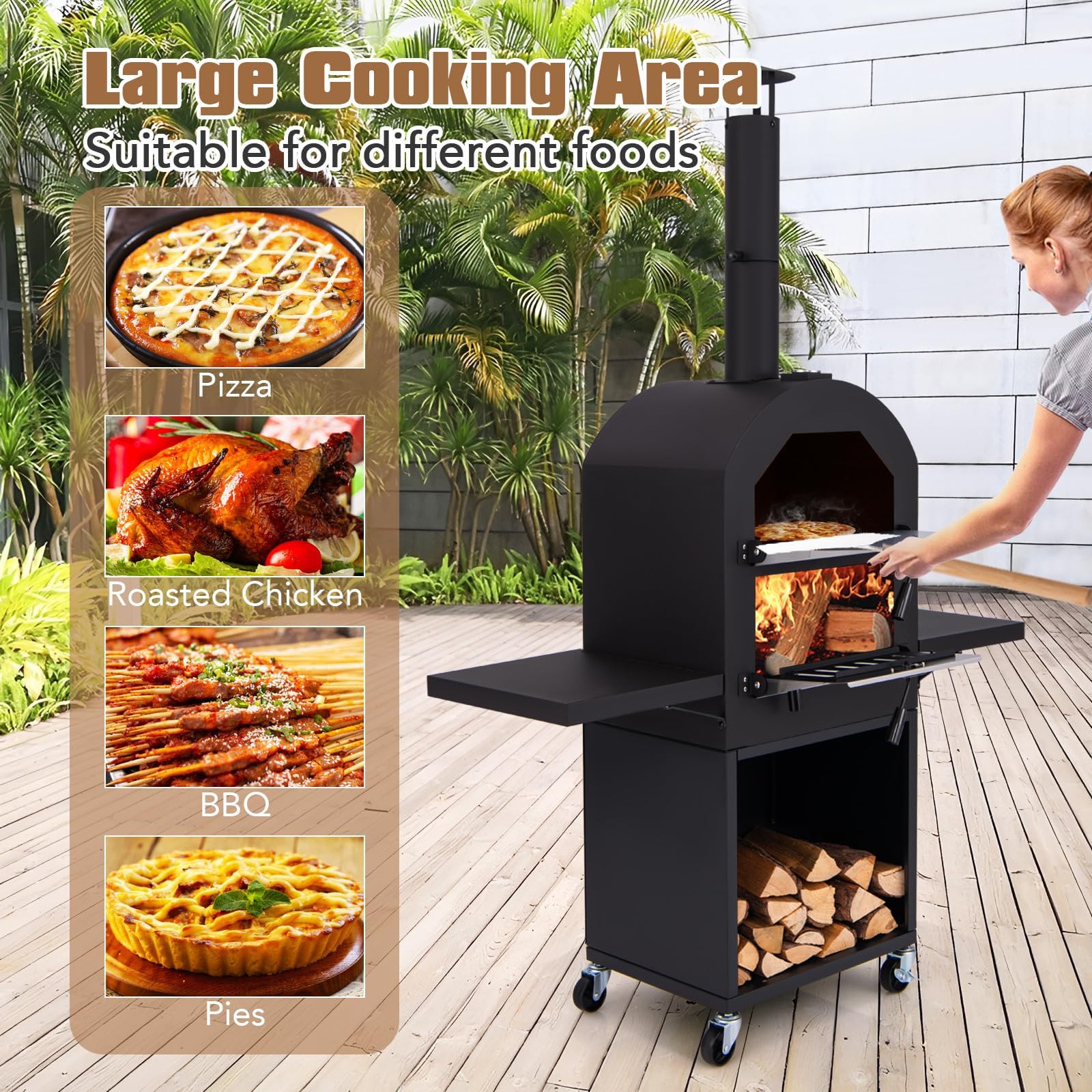 HAPPYGRILL Outdoor Wood Fired Pizza Oven with Firewood Storage, Side Shelves, Patio Pizza Maker with Pizza Stone, Pizza Peel, 2 Cooking Grills & Thermometer, Portable Pizza Stove with Wheels - CookCave