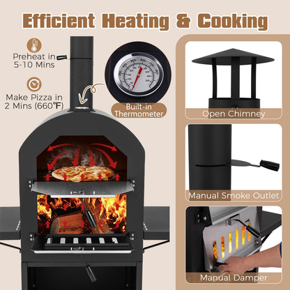 HAPPYGRILL Outdoor Wood Fired Pizza Oven with Firewood Storage, Side Shelves, Patio Pizza Maker with Pizza Stone, Pizza Peel, 2 Cooking Grills & Thermometer, Portable Pizza Stove with Wheels - CookCave
