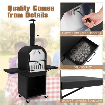 HAPPYGRILL Outdoor Wood Fired Pizza Oven with Firewood Storage, Side Shelves, Patio Pizza Maker with Pizza Stone, Pizza Peel, 2 Cooking Grills & Thermometer, Portable Pizza Stove with Wheels - CookCave