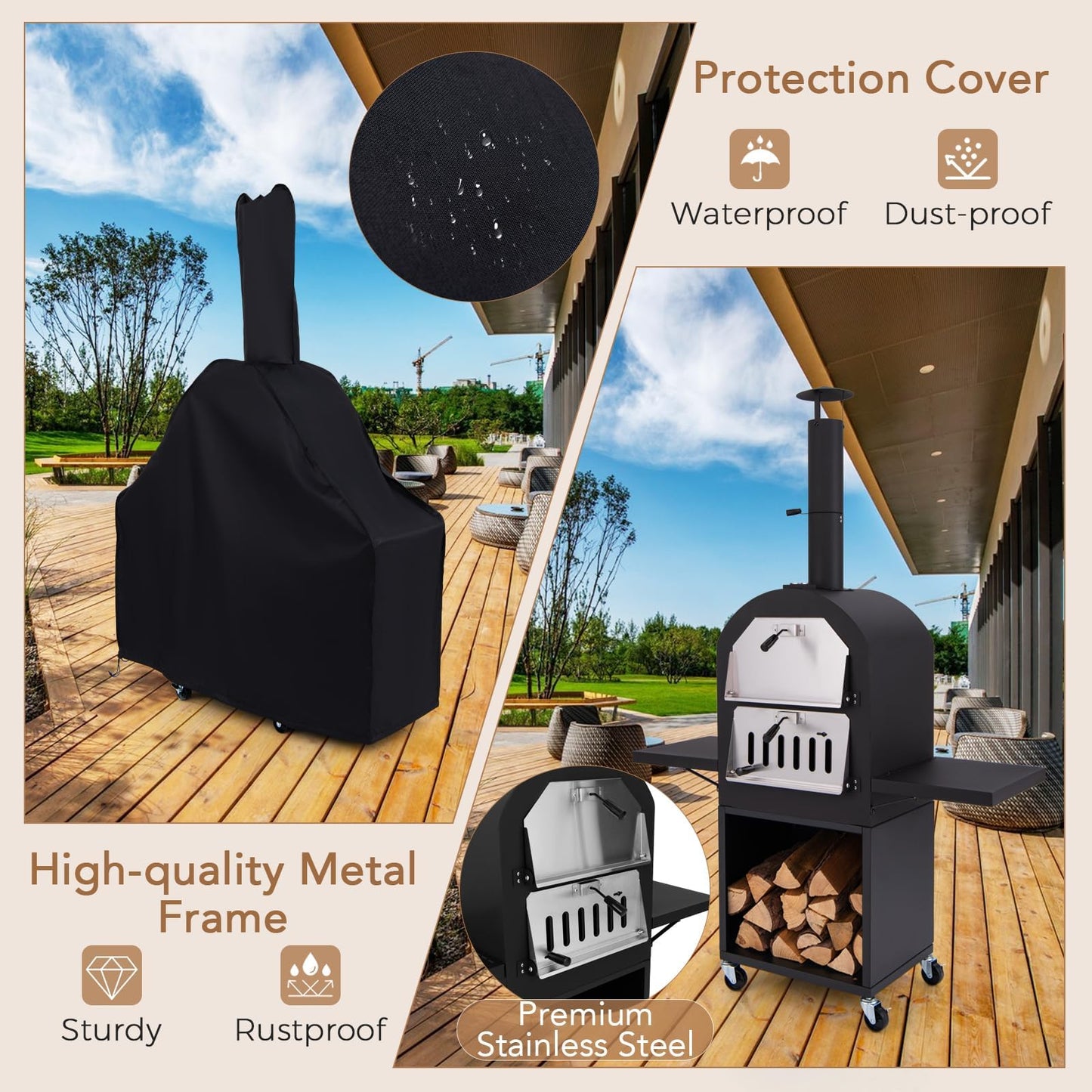 HAPPYGRILL Outdoor Wood Fired Pizza Oven with Firewood Storage, Side Shelves, Patio Pizza Maker with Pizza Stone, Pizza Peel, 2 Cooking Grills & Thermometer, Portable Pizza Stove with Wheels - CookCave
