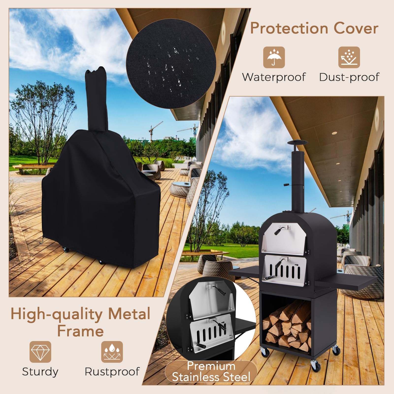 HAPPYGRILL Outdoor Wood Fired Pizza Oven with Firewood Storage, Side Shelves, Patio Pizza Maker with Pizza Stone, Pizza Peel, 2 Cooking Grills & Thermometer, Portable Pizza Stove with Wheels - CookCave