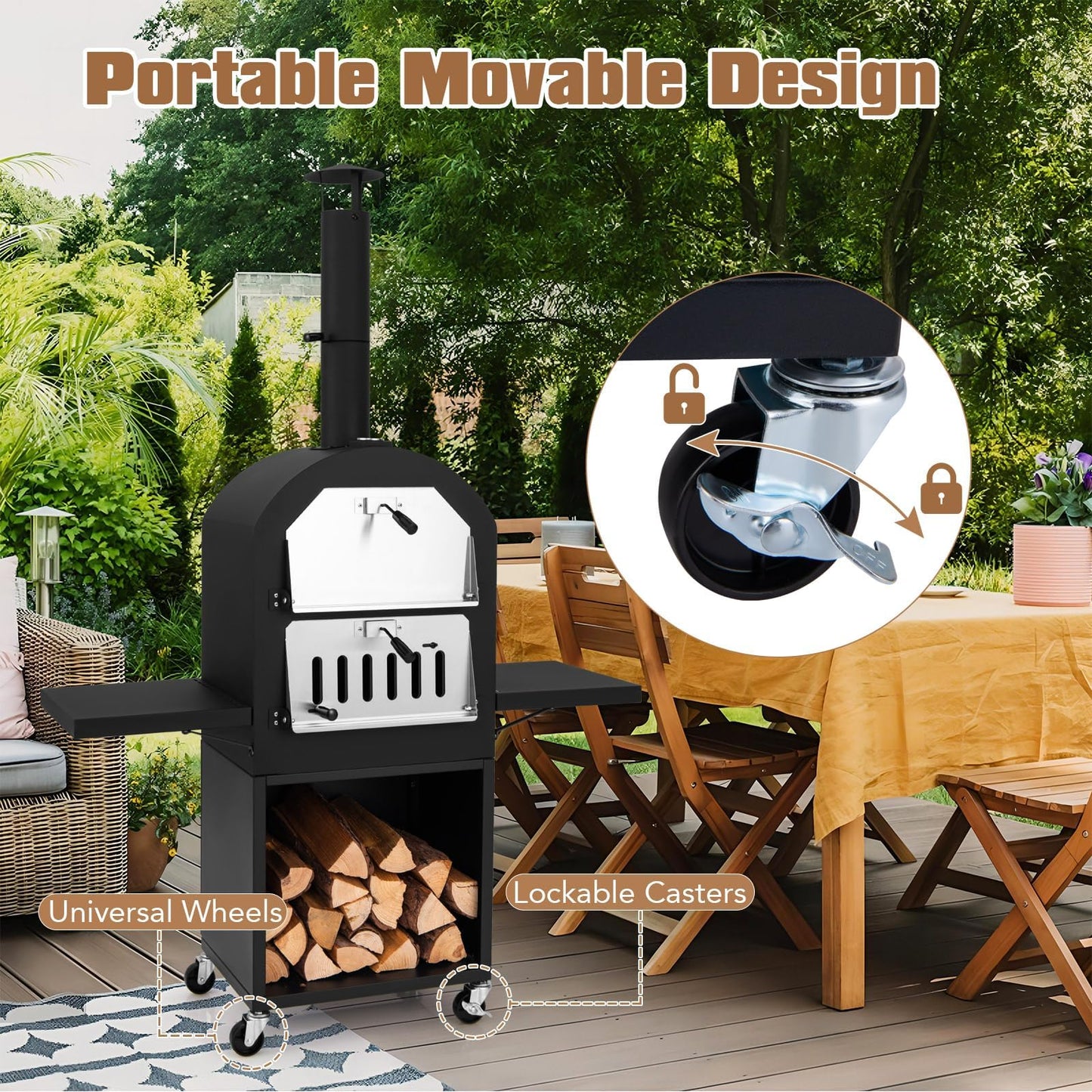 HAPPYGRILL Outdoor Wood Fired Pizza Oven with Firewood Storage, Side Shelves, Patio Pizza Maker with Pizza Stone, Pizza Peel, 2 Cooking Grills & Thermometer, Portable Pizza Stove with Wheels - CookCave