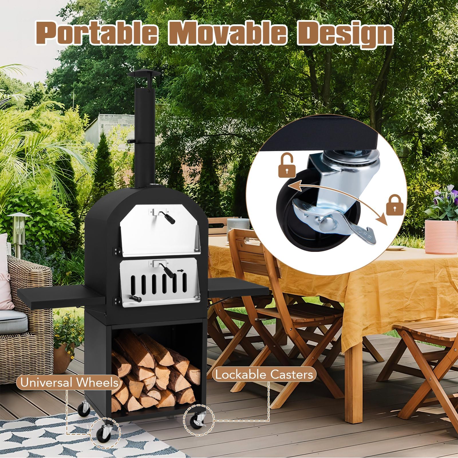 HAPPYGRILL Outdoor Wood Fired Pizza Oven with Firewood Storage, Side Shelves, Patio Pizza Maker with Pizza Stone, Pizza Peel, 2 Cooking Grills & Thermometer, Portable Pizza Stove with Wheels - CookCave