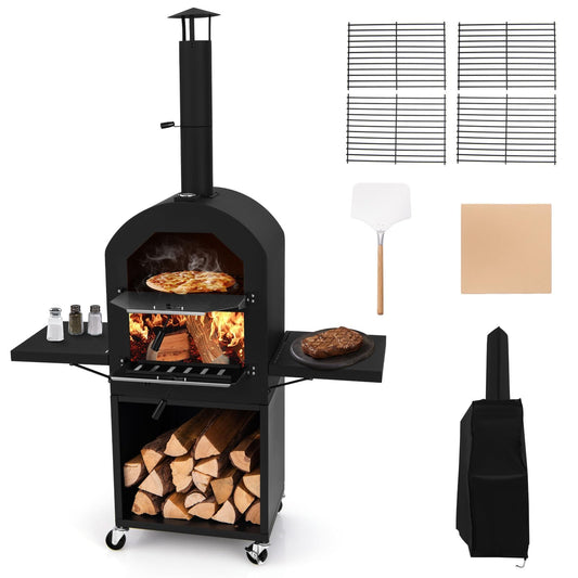 HAPPYGRILL Outdoor Wood Fired Pizza Oven with Firewood Storage, Side Shelves, Patio Pizza Maker with Pizza Stone, Pizza Peel, 2 Cooking Grills & Thermometer, Portable Pizza Stove with Wheels - CookCave