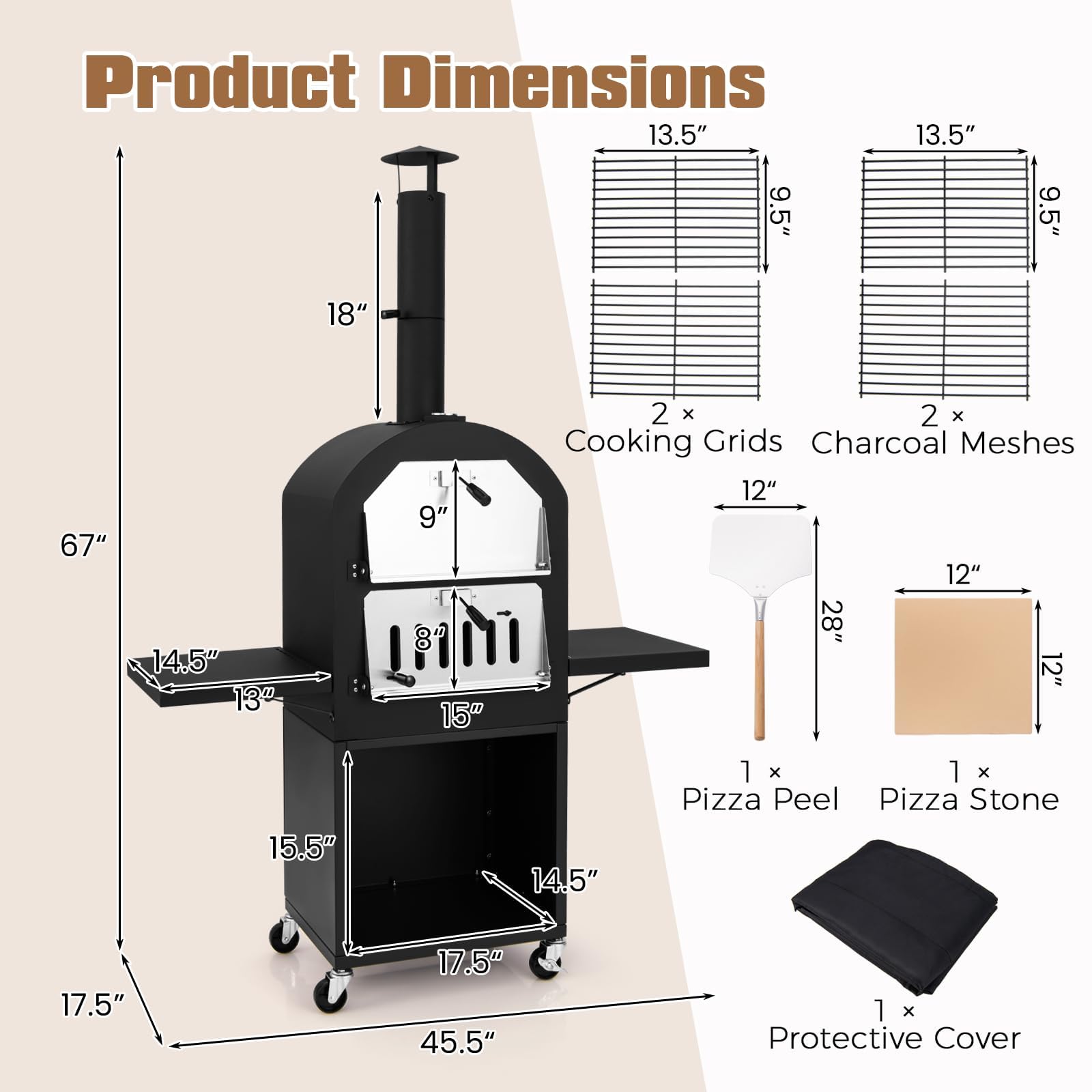 HAPPYGRILL Outdoor Wood Fired Pizza Oven with Firewood Storage, Side Shelves, Patio Pizza Maker with Pizza Stone, Pizza Peel, 2 Cooking Grills & Thermometer, Portable Pizza Stove with Wheels - CookCave