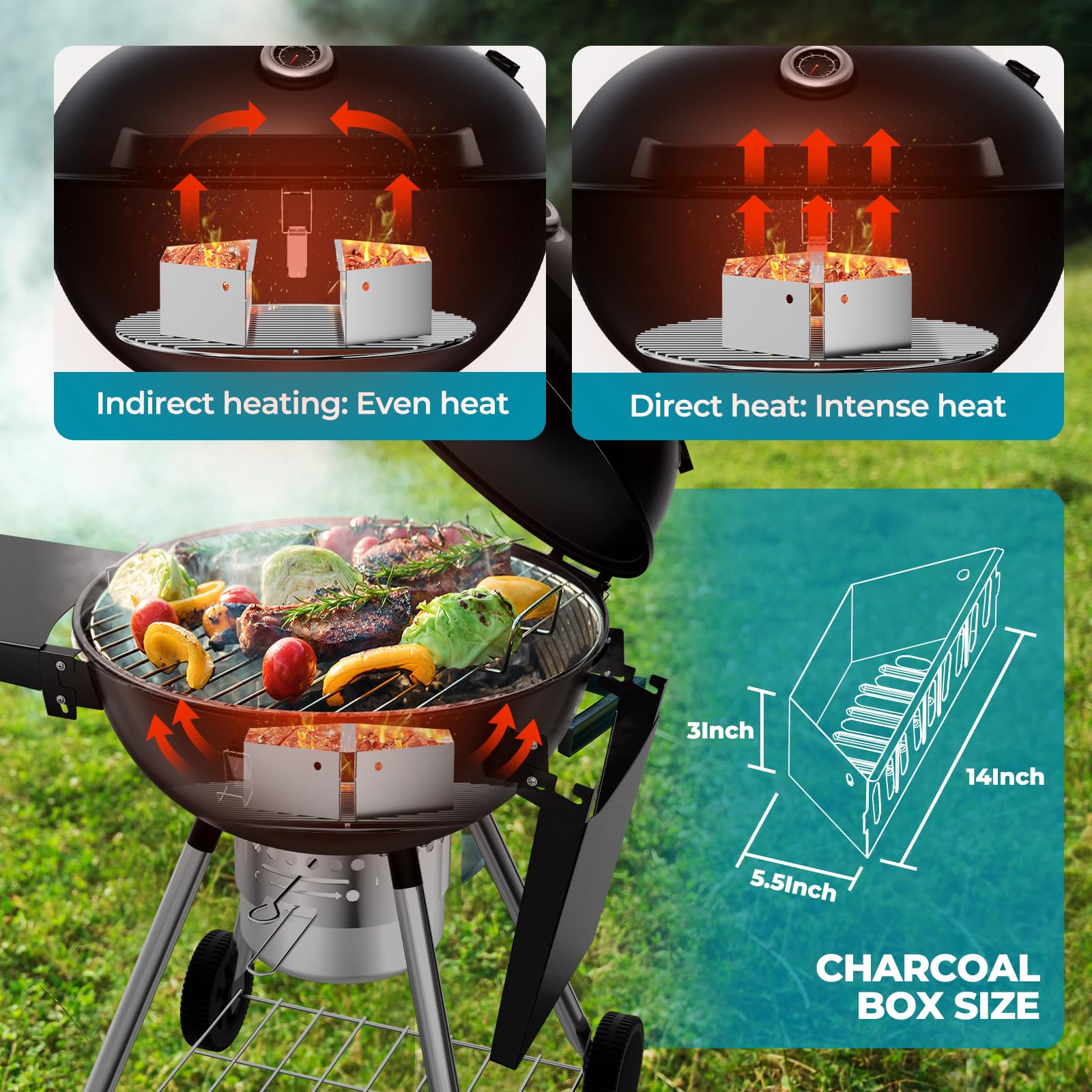 Harbweb 22 Inch Charcoal Grill with 2 Foldable Side Tables,Charcoal Kettle Grills with Wheels,Outdoor bbq Grill,Portable Charcoal Grill for Camping,Party,Backyard (Black) - CookCave