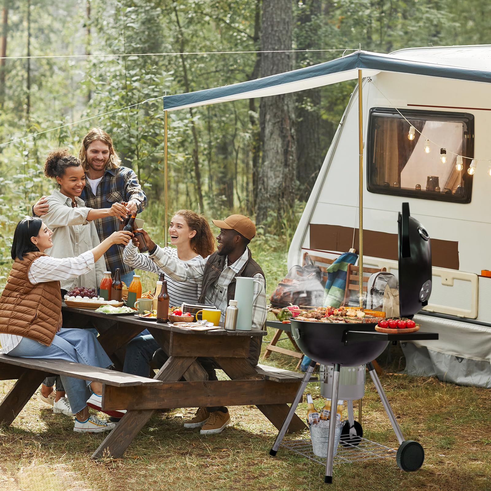 Harbweb 22 Inch Charcoal Grill with 2 Foldable Side Tables,Charcoal Kettle Grills with Wheels,Outdoor bbq Grill,Portable Charcoal Grill for Camping,Party,Backyard (Black) - CookCave