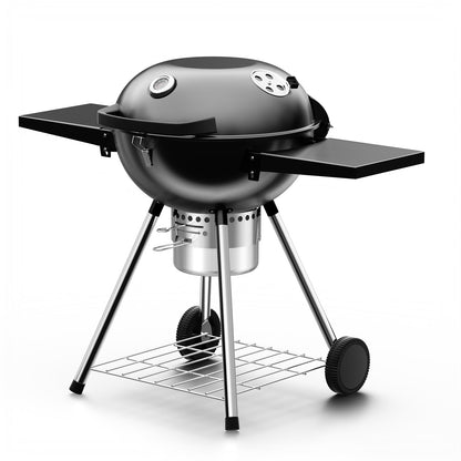 Harbweb 22 Inch Charcoal Grill with 2 Foldable Side Tables,Charcoal Kettle Grills with Wheels,Outdoor bbq Grill,Portable Charcoal Grill for Camping,Party,Backyard (Black) - CookCave