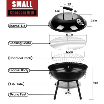 HaSteeL 14 Inch Charcoal Grill, Small Black Enamel Outdoor BBQ Grill, Mini Flat Top Kettle Barbecue Grill with Screwdriver, Portable for Backyard Garden Camping Cooking Smoking, Dual Venting System - CookCave